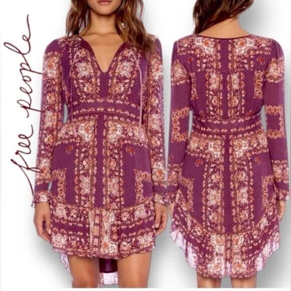 Free People Bridgette Floral Long Sleeve Flowy Mini Dress Berry LG -Taylor Swift - Picture 1 of 8